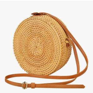 Round Woven Tan Crossbody Bag